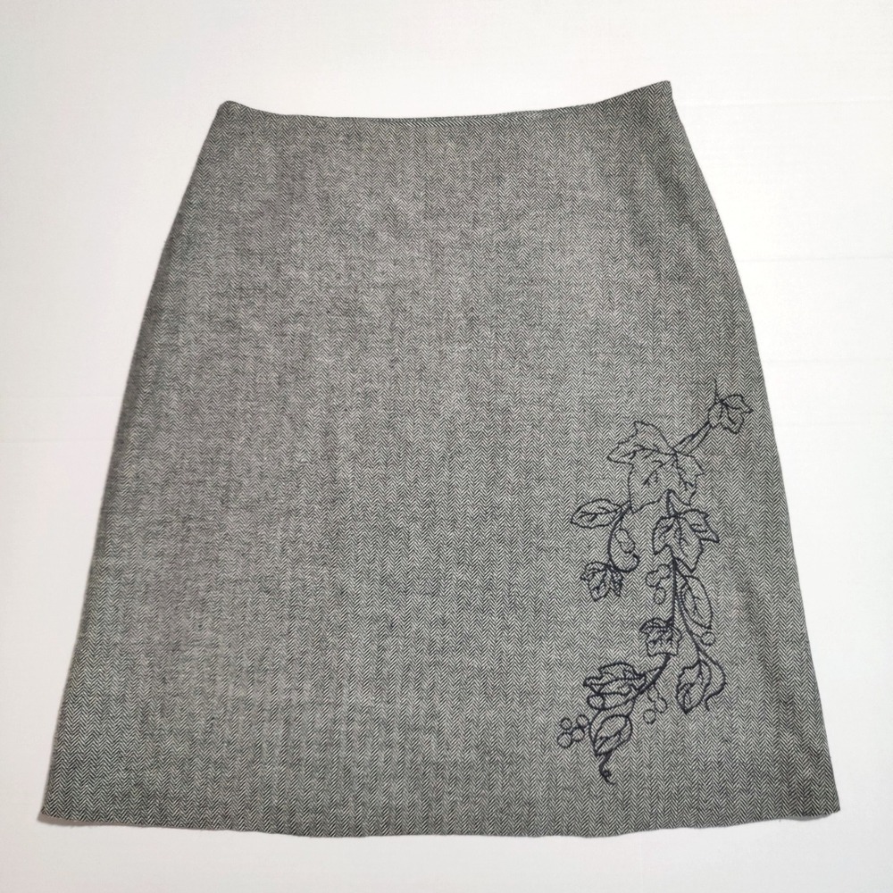 Geoffrey Beene Herringbone Embroidered A-Line Skirt 12 Grey Dark Academia Wool - Picture 2 of 6